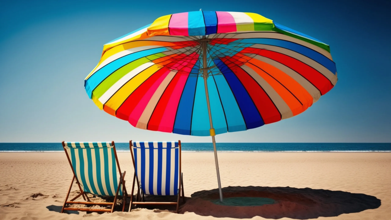 Blue horizon over water striped umbrella sandy beach generated by artificial intelligence